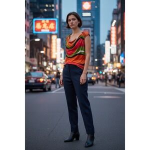 Zac & Rachel Blouse Women Large Multicolor Excellent Wavy Stripe Cowl Neck Top